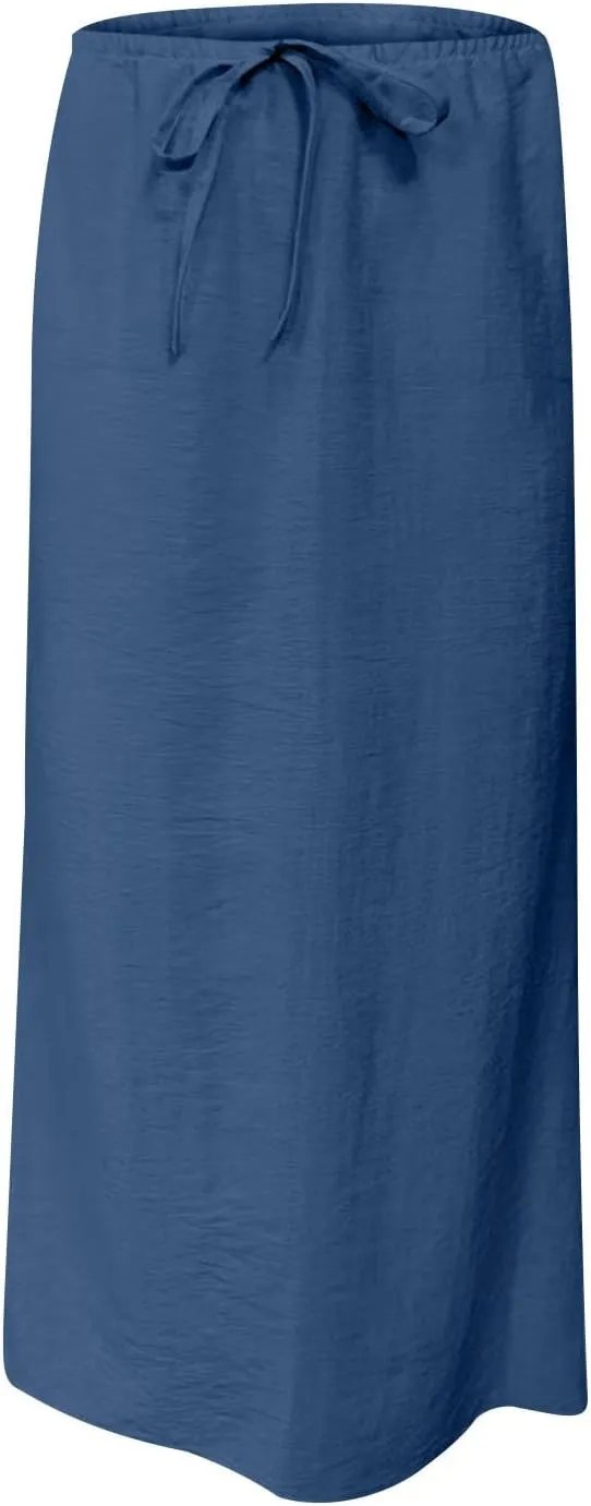 Skirt for Women Maxi Length Skorts Linen Slim Tunics Elastic Waist Basic Drawstring Casual Skort Women 2025 Y2K