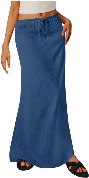 Skirt for Women Maxi Length Skorts Linen Slim Tunics Elastic Waist Basic Drawstring Casual Skort Women 2025 Y2K