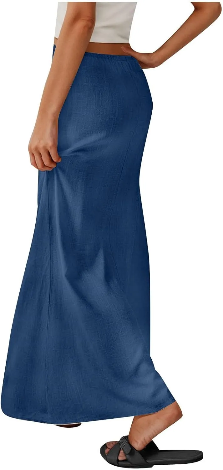 Skirt for Women Maxi Length Skorts Linen Slim Tunics Elastic Waist Basic Drawstring Casual Skort Women 2025 Y2K