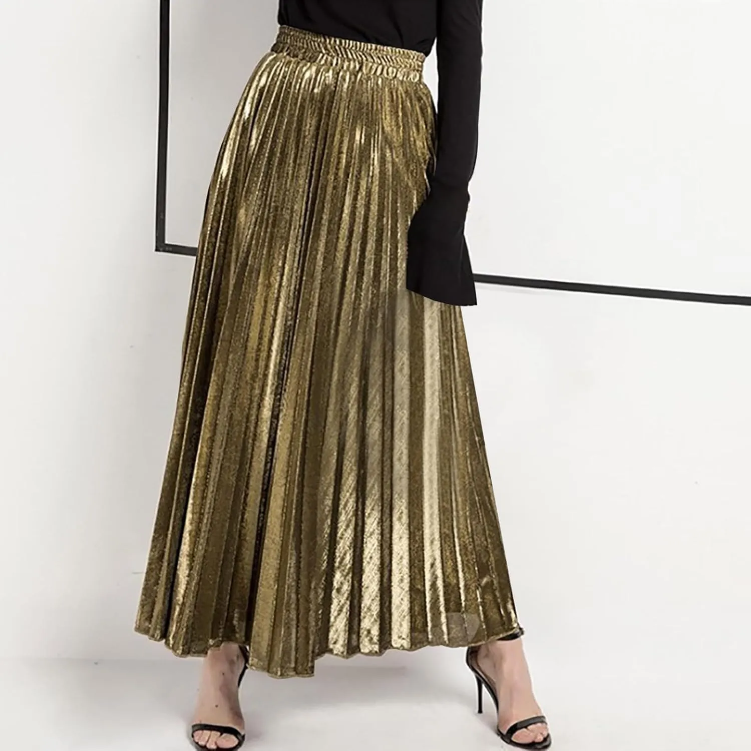 Skirts for Women 2024 Plain Satin Pleated Skirt High Waisted A-Line Swing Skirts Casual Silk Ruched Long Skirts