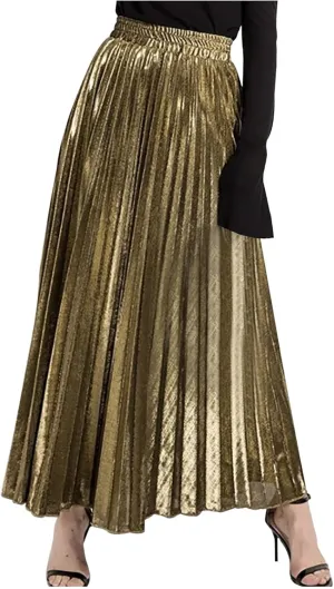 Skirts for Women 2024 Plain Satin Pleated Skirt High Waisted A-Line Swing Skirts Casual Silk Ruched Long Skirts