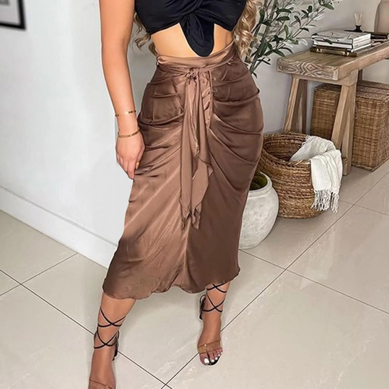 Skirts for Women 2024 Sexy Ruched Bodycon Skirt Above Knee Silky Hip-Wrapped Skirts Denim Drawstring Tight Skirt