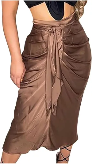 Skirts for Women 2024 Sexy Ruched Bodycon Skirt Above Knee Silky Hip-Wrapped Skirts Denim Drawstring Tight Skirt