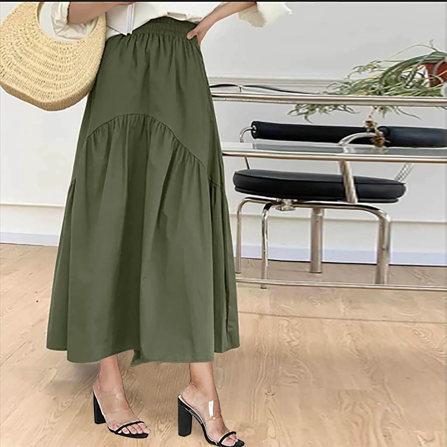 Skirts for Women Fall Elastic High Waist Swing Skirts Casual Pleated a Line Midi Skirt Trendy Baggy Half Skirt