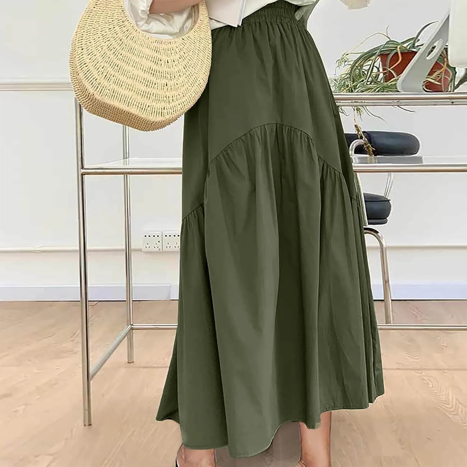 Skirts for Women Fall Elastic High Waist Swing Skirts Casual Pleated a Line Midi Skirt Trendy Baggy Half Skirt