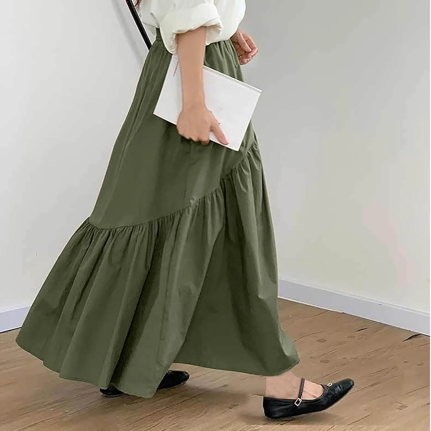 Skirts for Women Fall Elastic High Waist Swing Skirts Casual Pleated a Line Midi Skirt Trendy Baggy Half Skirt