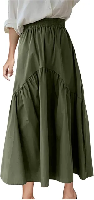 Skirts for Women Fall Elastic High Waist Swing Skirts Casual Pleated a Line Midi Skirt Trendy Baggy Half Skirt