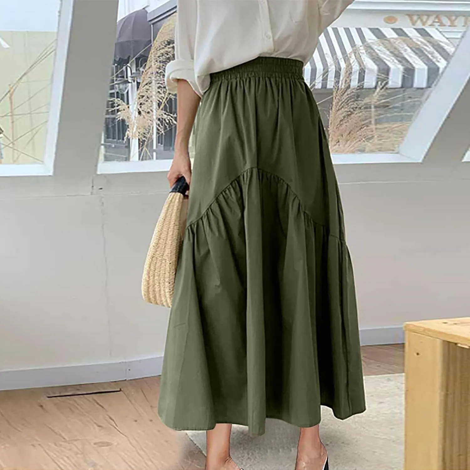 Skirts for Women Fall Elastic High Waist Swing Skirts Casual Pleated a Line Midi Skirt Trendy Baggy Half Skirt