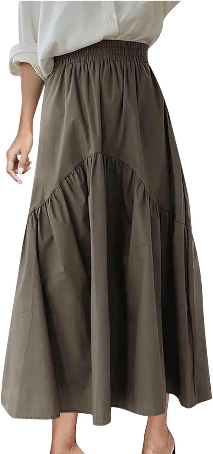 Skirts for Women Fall Elastic High Waist Swing Skirts Casual Pleated a Line Midi Skirt Trendy Baggy Half Skirt