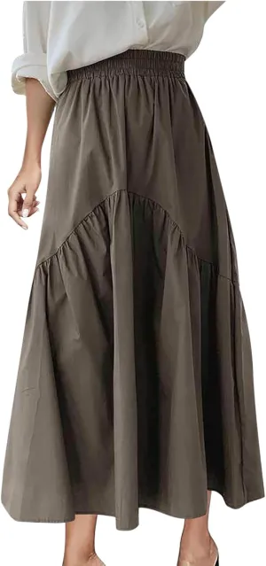Skirts for Women Fall Elastic High Waist Swing Skirts Casual Pleated a Line Midi Skirt Trendy Baggy Half Skirt