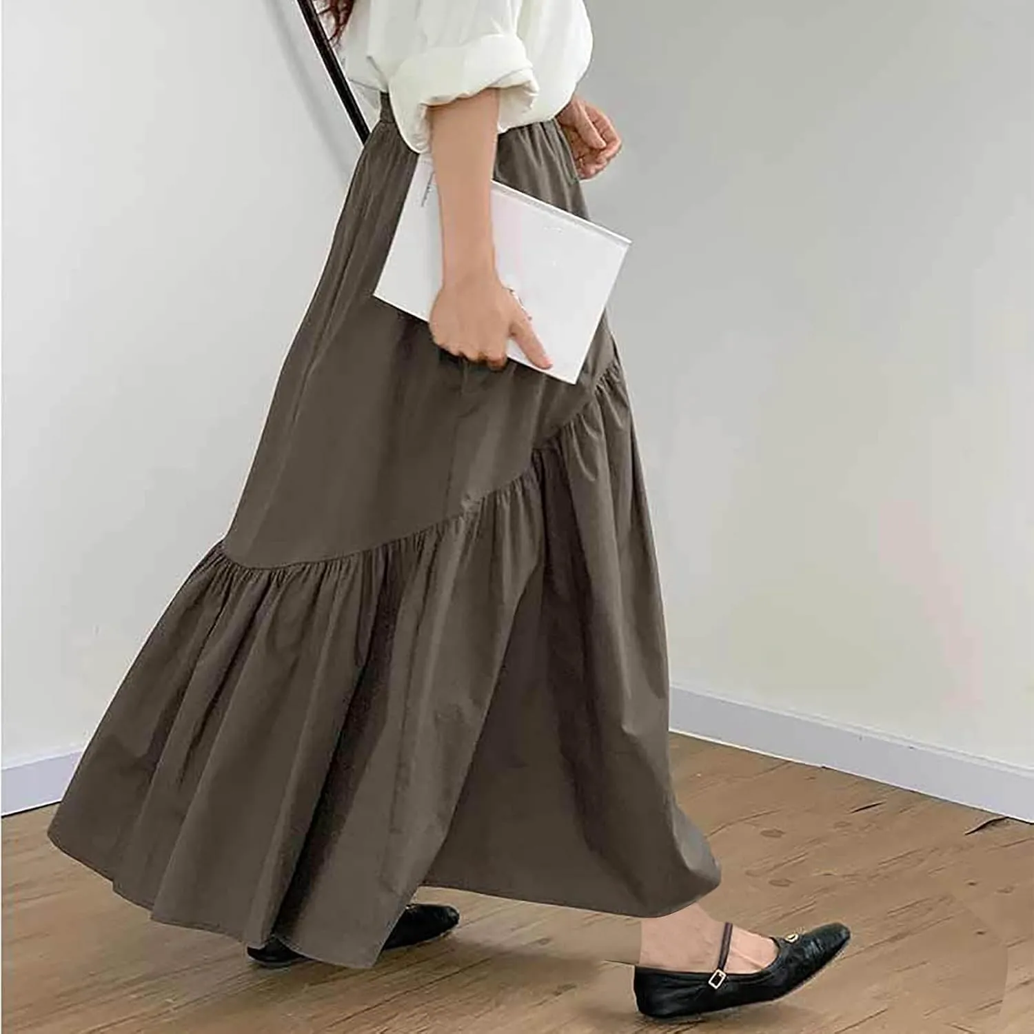 Skirts for Women Fall Elastic High Waist Swing Skirts Casual Pleated a Line Midi Skirt Trendy Baggy Half Skirt
