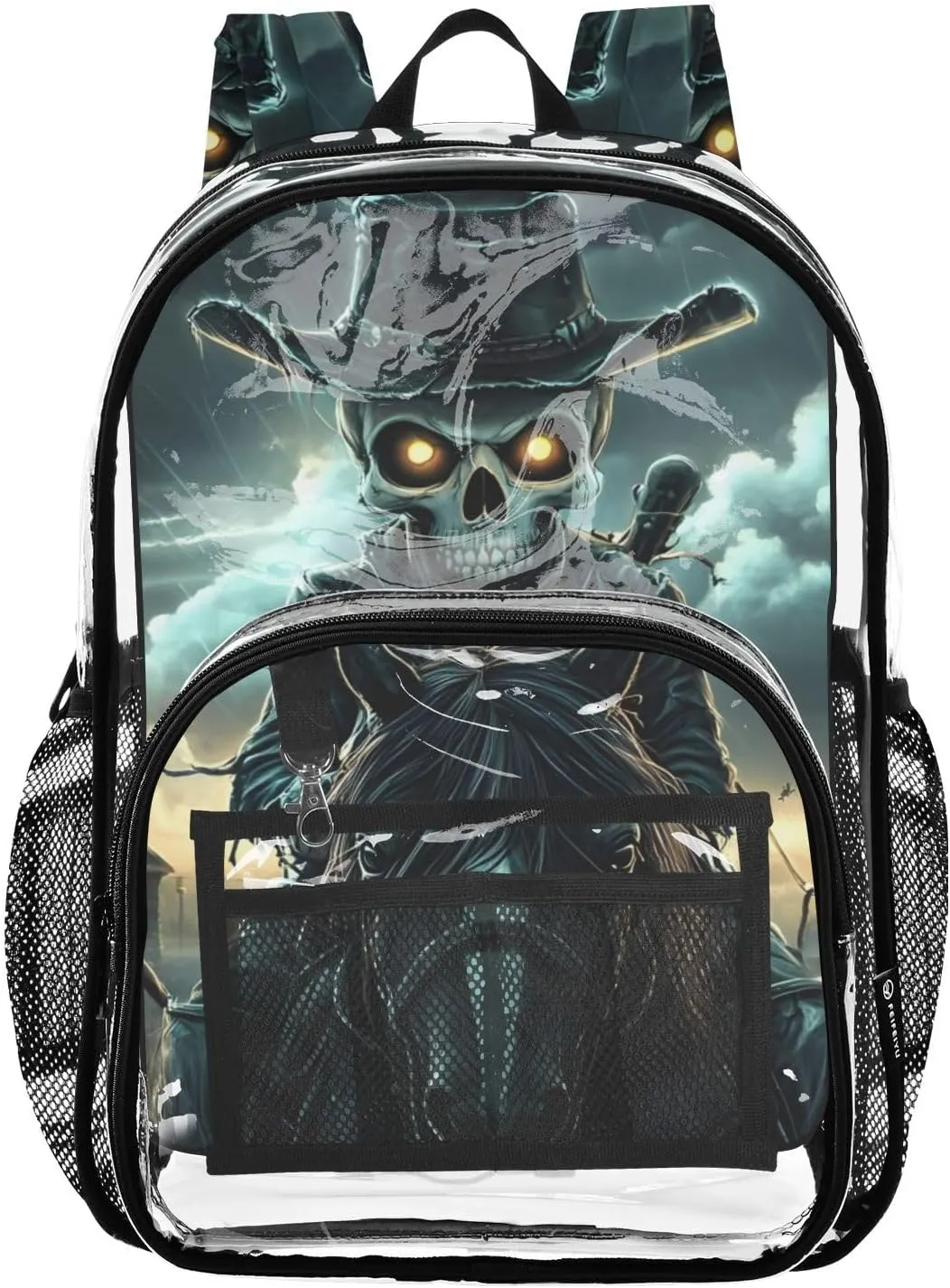 Skull Face Cowboy Clear Plastic Backpack - Transparent PVC Heavy Duty Bag with Large Main Pocket and Mesh Pockets - Ideal for School, Travel, Outings - Clear Backpack for Everyday Use