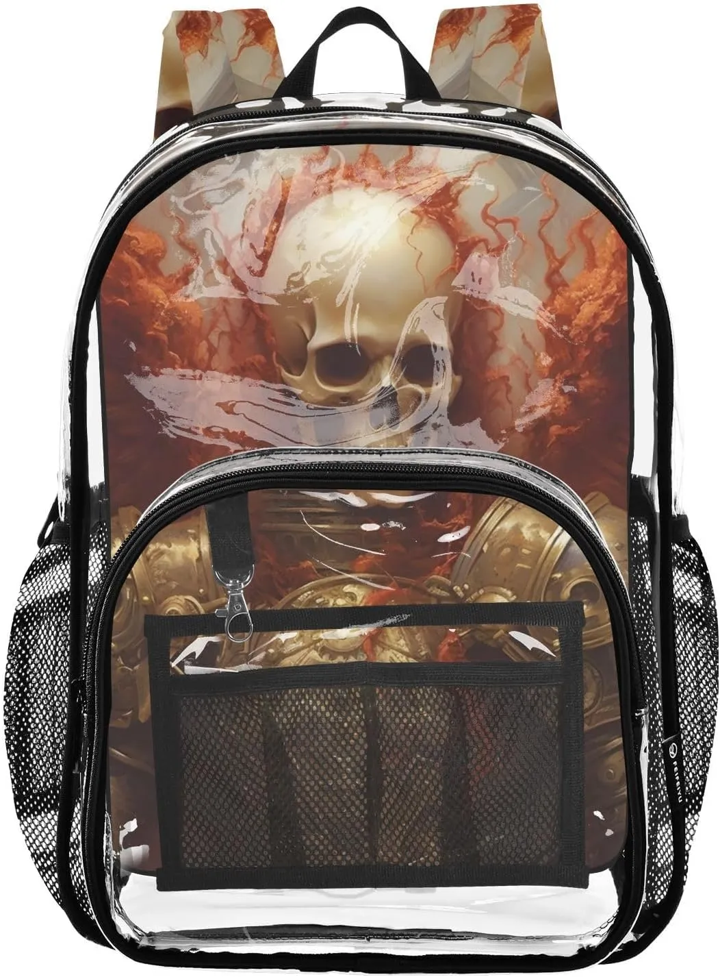Skull-faced Warrior Clear Plastic Backpack - Transparent PVC Heavy Duty Bag with Large Main Pocket and Mesh Pockets - Ideal for School, Travel, Outings - Clear Backpack for Everyday Use