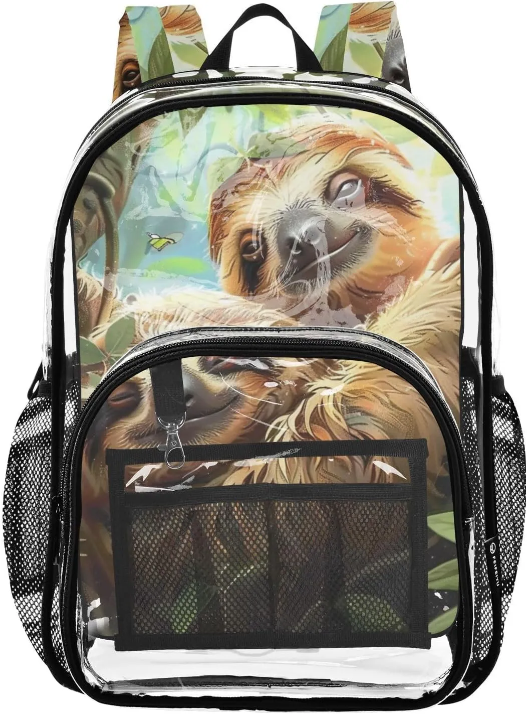 Sloth Design Clear Plastic Backpack - Transparent PVC Heavy Duty Bag with Large Main Pocket and Mesh Pockets - Ideal for School, Travel, Outings - Clear Backpack for Everyday Use