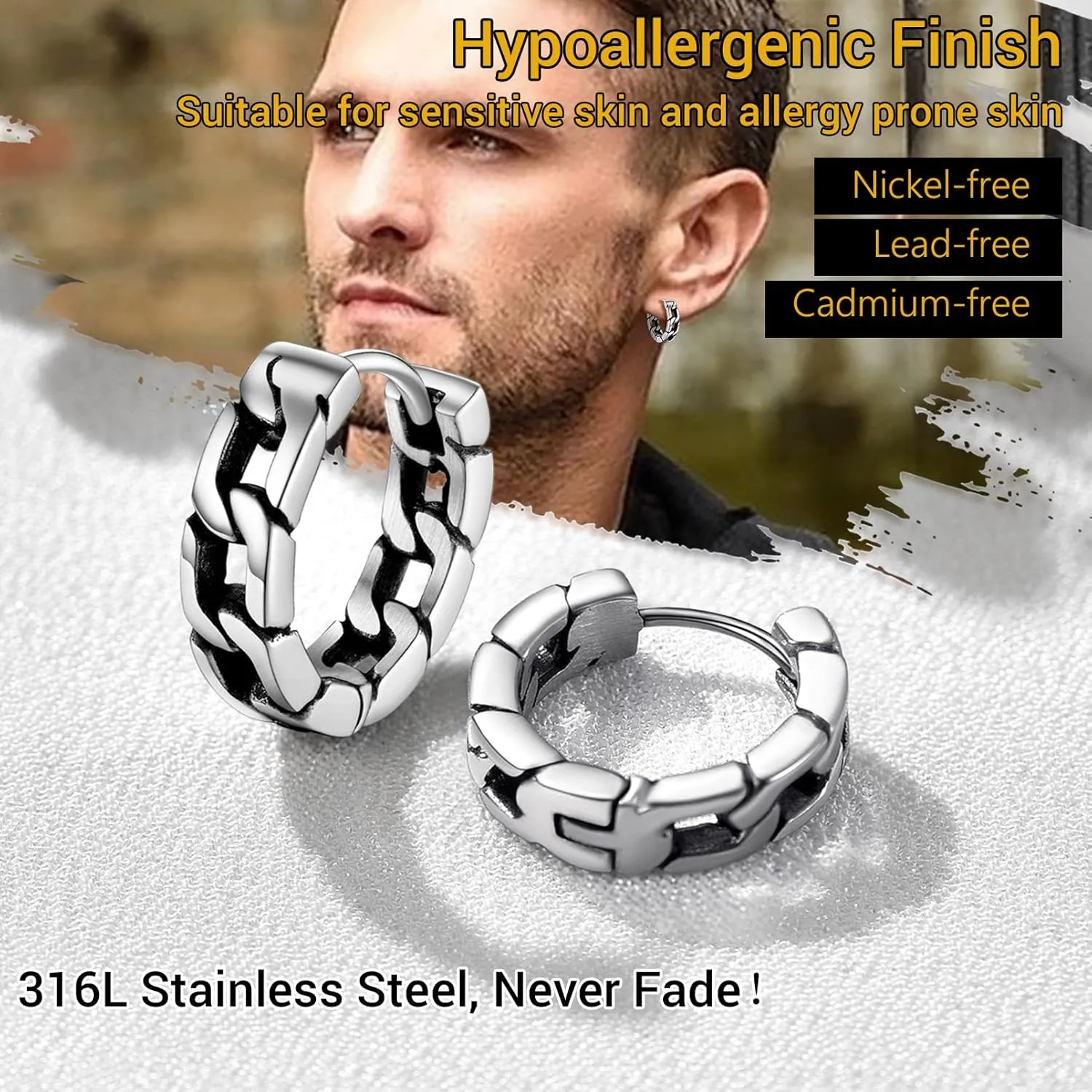 Small Chunky Hoop Earrings for Men, Skull/Infinity/Spike/Cuban Link Design Options, Black/18K Gold Plated 316L Stainless Steel, Lightweight and Comfy Earrings, Come with Box