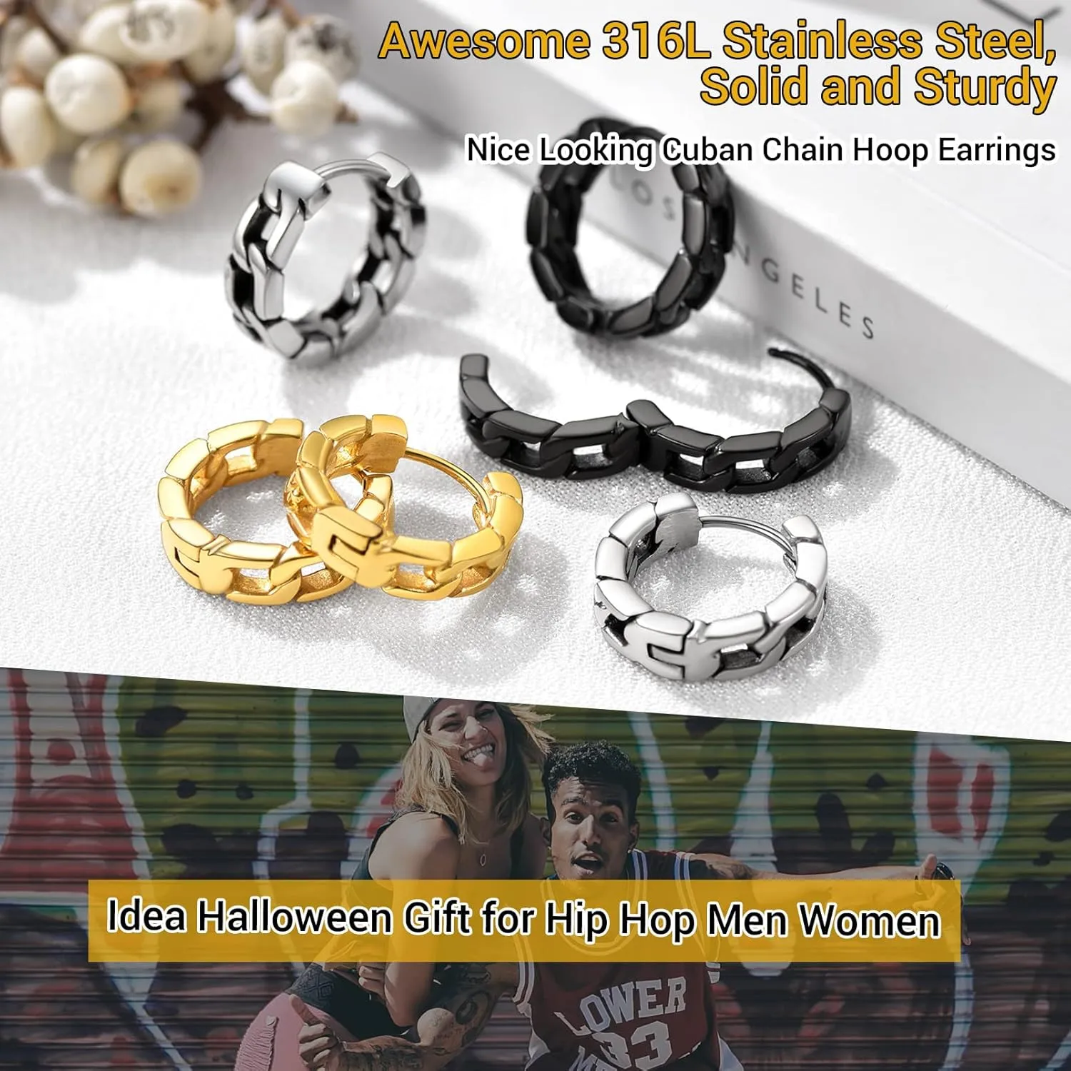 Small Chunky Hoop Earrings for Men, Skull/Infinity/Spike/Cuban Link Design Options, Black/18K Gold Plated 316L Stainless Steel, Lightweight and Comfy Earrings, Come with Box