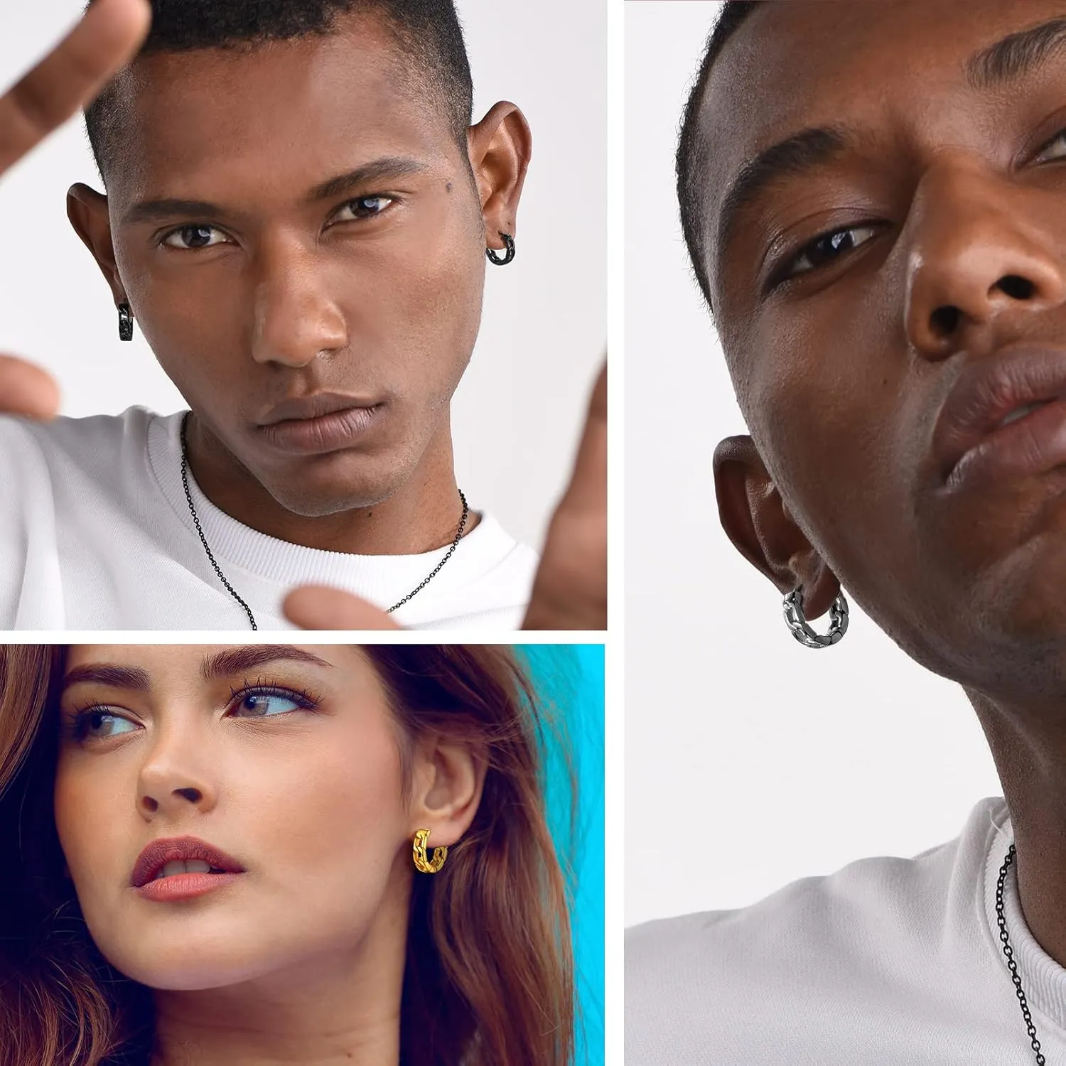 Small Chunky Hoop Earrings for Men, Skull/Infinity/Spike/Cuban Link Design Options, Black/18K Gold Plated 316L Stainless Steel, Lightweight and Comfy Earrings, Come with Box