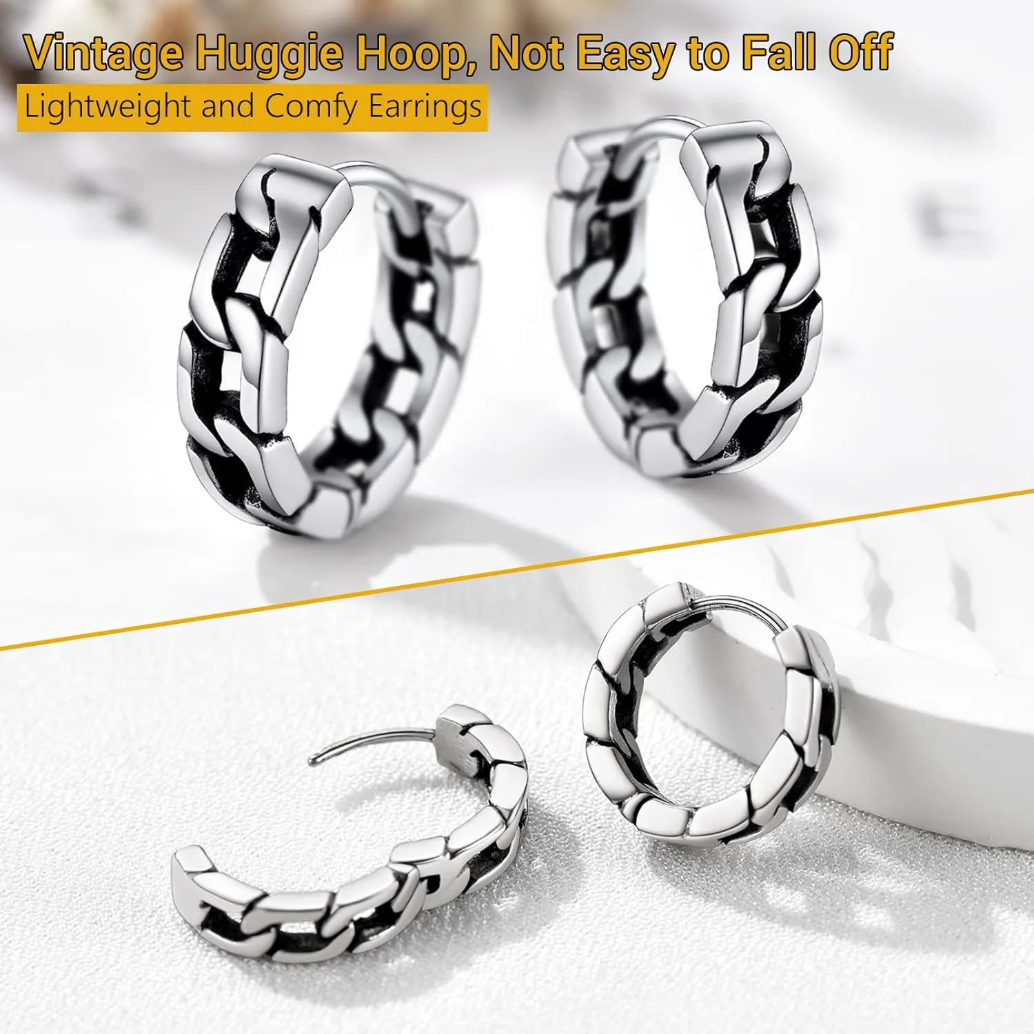 Small Chunky Hoop Earrings for Men, Skull/Infinity/Spike/Cuban Link Design Options, Black/18K Gold Plated 316L Stainless Steel, Lightweight and Comfy Earrings, Come with Box