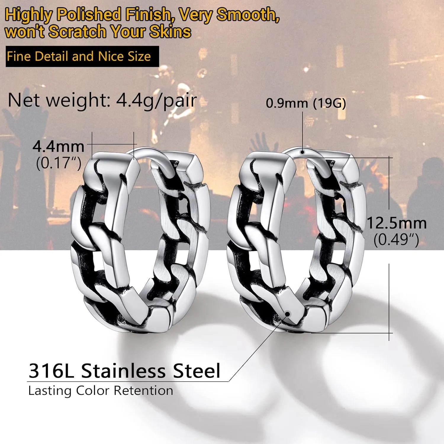 Small Chunky Hoop Earrings for Men, Skull/Infinity/Spike/Cuban Link Design Options, Black/18K Gold Plated 316L Stainless Steel, Lightweight and Comfy Earrings, Come with Box