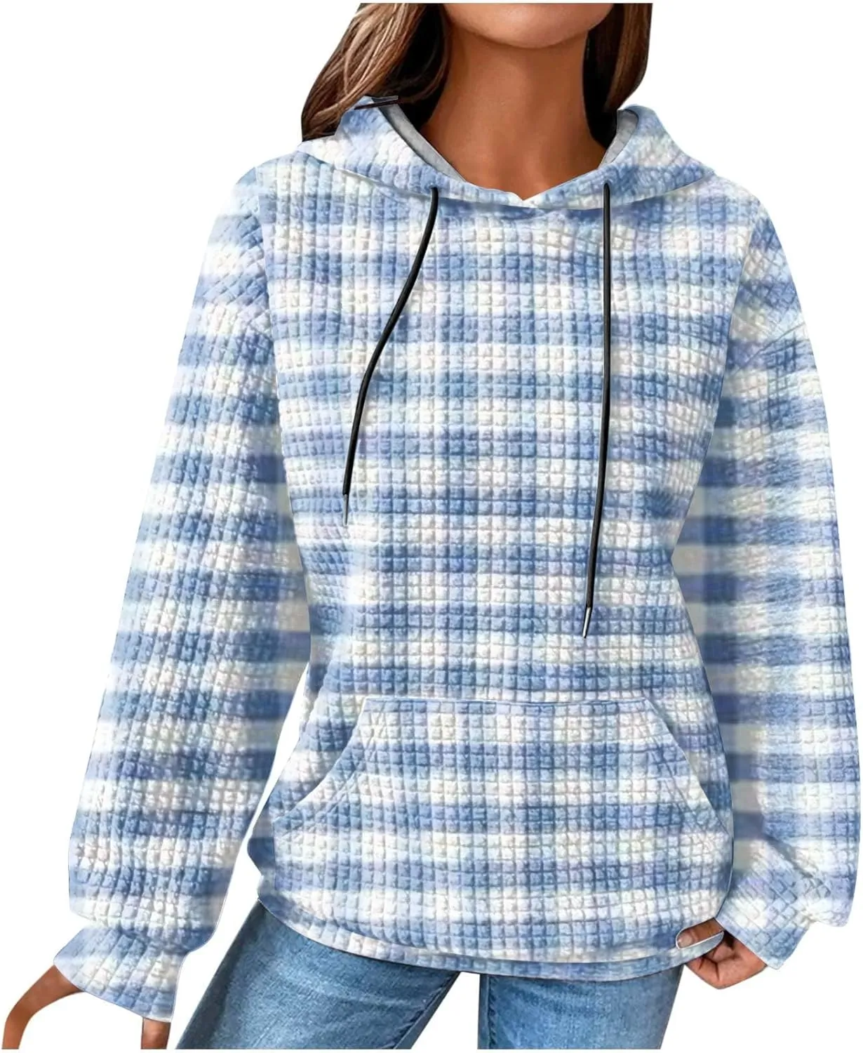SMIDOW Pliad Waffle Knit Hoodies For Women Fall Fashion 2023 Oversized Drawstring Pullovers Casual Gingham Hooded Sweatshirts