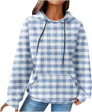 SMIDOW Pliad Waffle Knit Hoodies For Women Fall Fashion 2023 Oversized Drawstring Pullovers Casual Gingham Hooded Sweatshirts