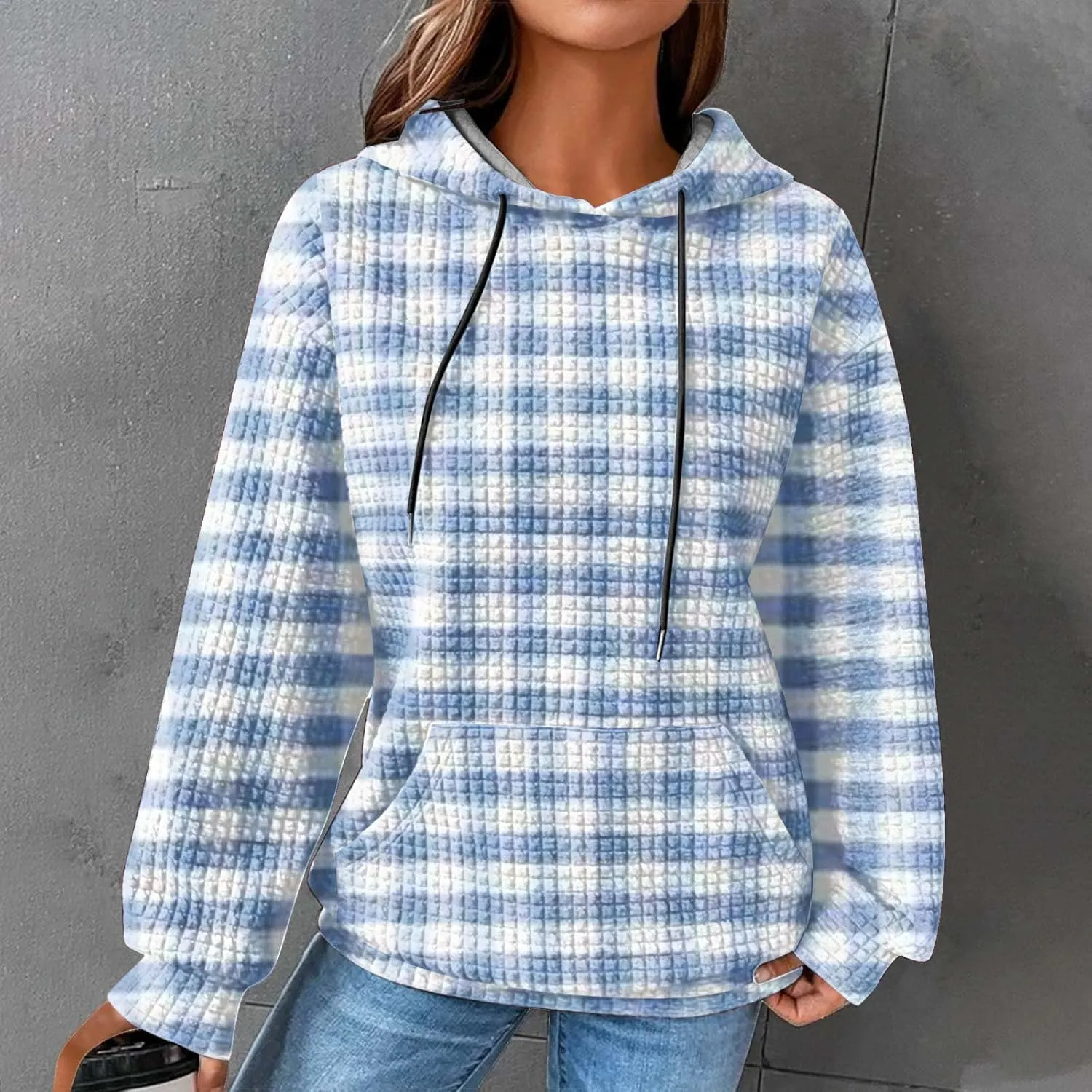 SMIDOW Pliad Waffle Knit Hoodies For Women Fall Fashion 2023 Oversized Drawstring Pullovers Casual Gingham Hooded Sweatshirts