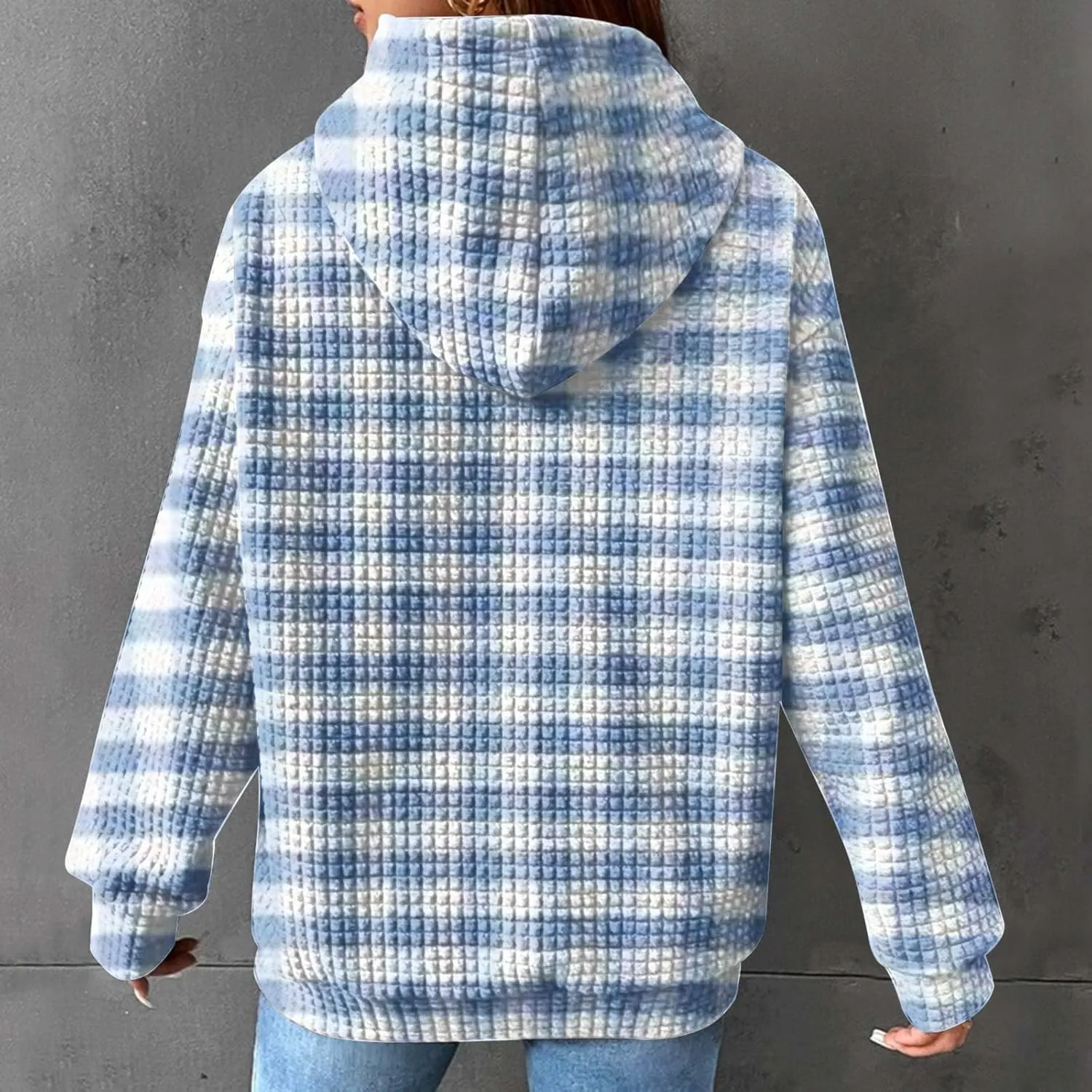 SMIDOW Pliad Waffle Knit Hoodies For Women Fall Fashion 2023 Oversized Drawstring Pullovers Casual Gingham Hooded Sweatshirts