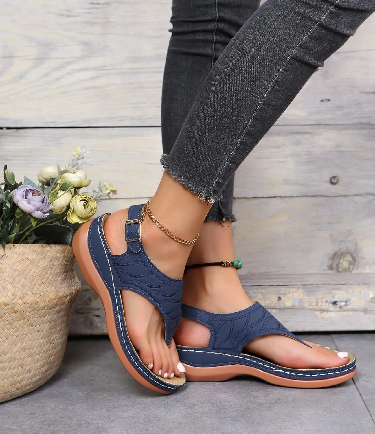 Smoneyful Women's Orthopedic Sandals Arch Support Anti Slip Breathable Vintage Slip On Flip Flops High Arch Wedge Dressy Summer Casual Walking Beach Flat Sandals