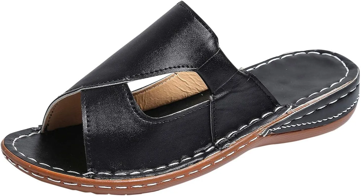 Smoneyful Womens Summer Dressy Sandals Flat Breathable Arch Support Orthopedic Wide Width Leather Wedge Bunion Comfort Bunion Corrector Toe Ring Flat Casual Flip Flops Slides Sandals Slippers