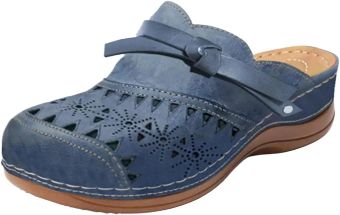 Smoneyful Womens Wide Width Clogs Sandals Wedge Hollow Out Closed Toe Slip Arch Support Outdoor Beach Fashion Casual Round Platform Carved Head Bunny Slippers Sandals