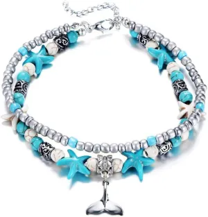 Softones Blue Starfish Turtle Anklet Multilayer Charm Beads Sea Handmade Boho Anklet Foot Jewelry for Women