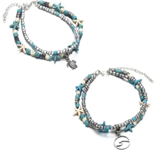 Softones Blue Starfish Turtle Anklet Multilayer Charm Beads Sea Handmade Boho Anklet Foot Jewelry for Women