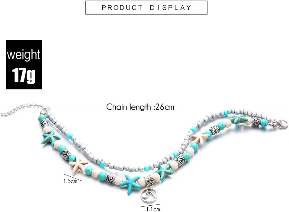 Softones Blue Starfish Turtle Anklet Multilayer Charm Beads Sea Handmade Boho Anklet Foot Jewelry for Women