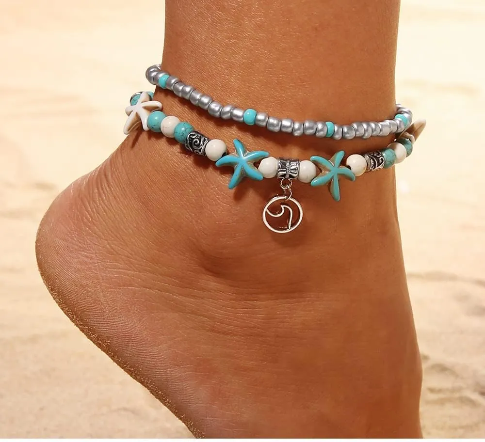 Softones Blue Starfish Turtle Anklet Multilayer Charm Beads Sea Handmade Boho Anklet Foot Jewelry for Women