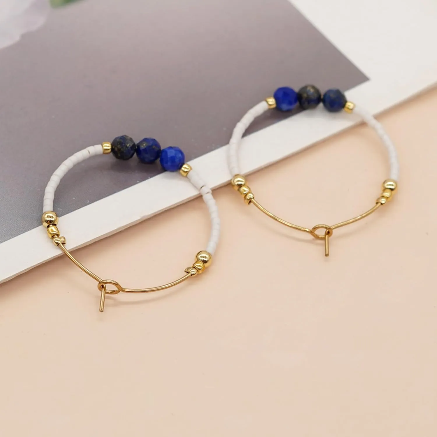 Sonateomber Gold Gemstone Beaded Hoop Earrings for Women, Boho Handmade Seed Beads Huggie Cartilage Hypoallergenic Prom Jewelry Gift