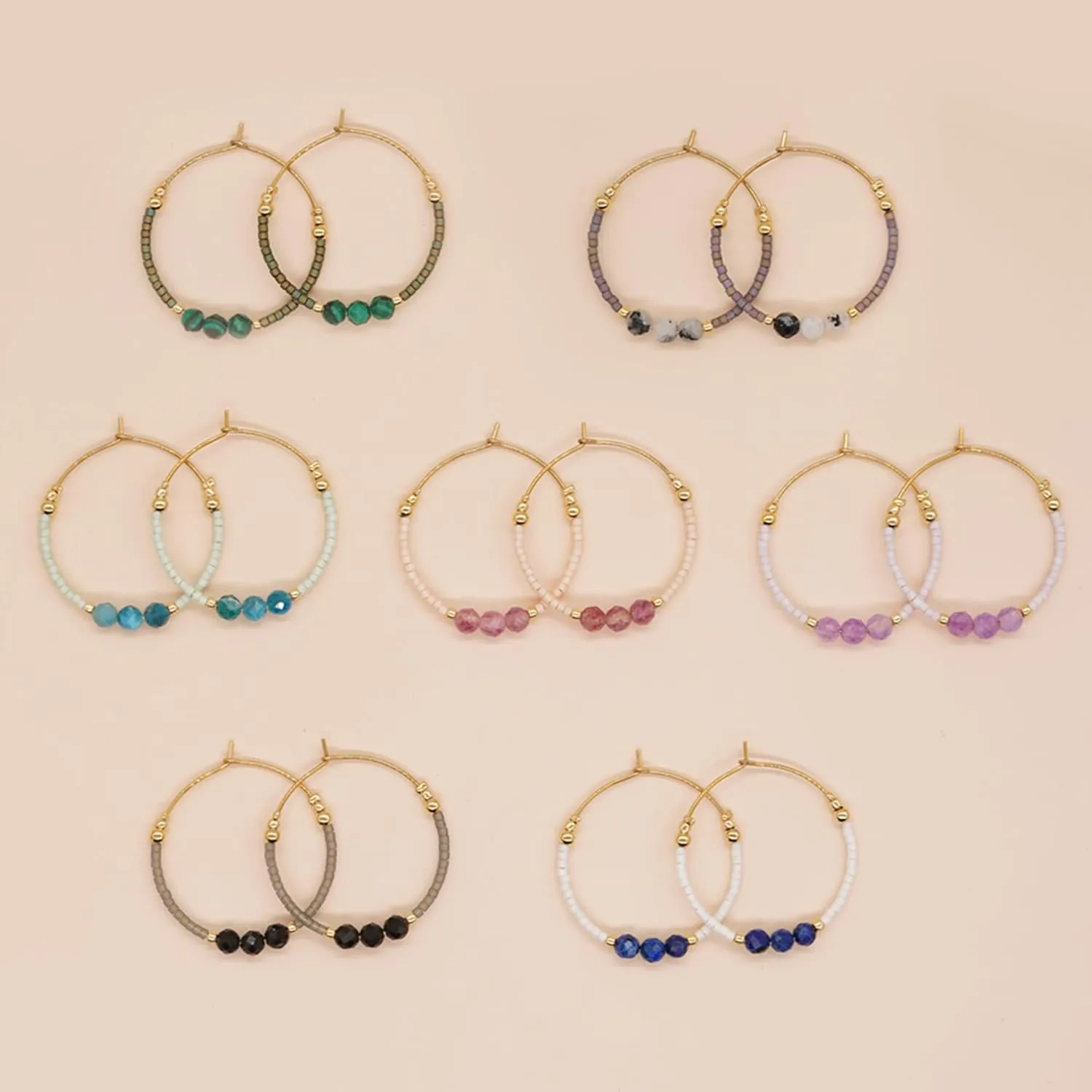 Sonateomber Gold Gemstone Beaded Hoop Earrings for Women, Boho Handmade Seed Beads Huggie Cartilage Hypoallergenic Prom Jewelry Gift