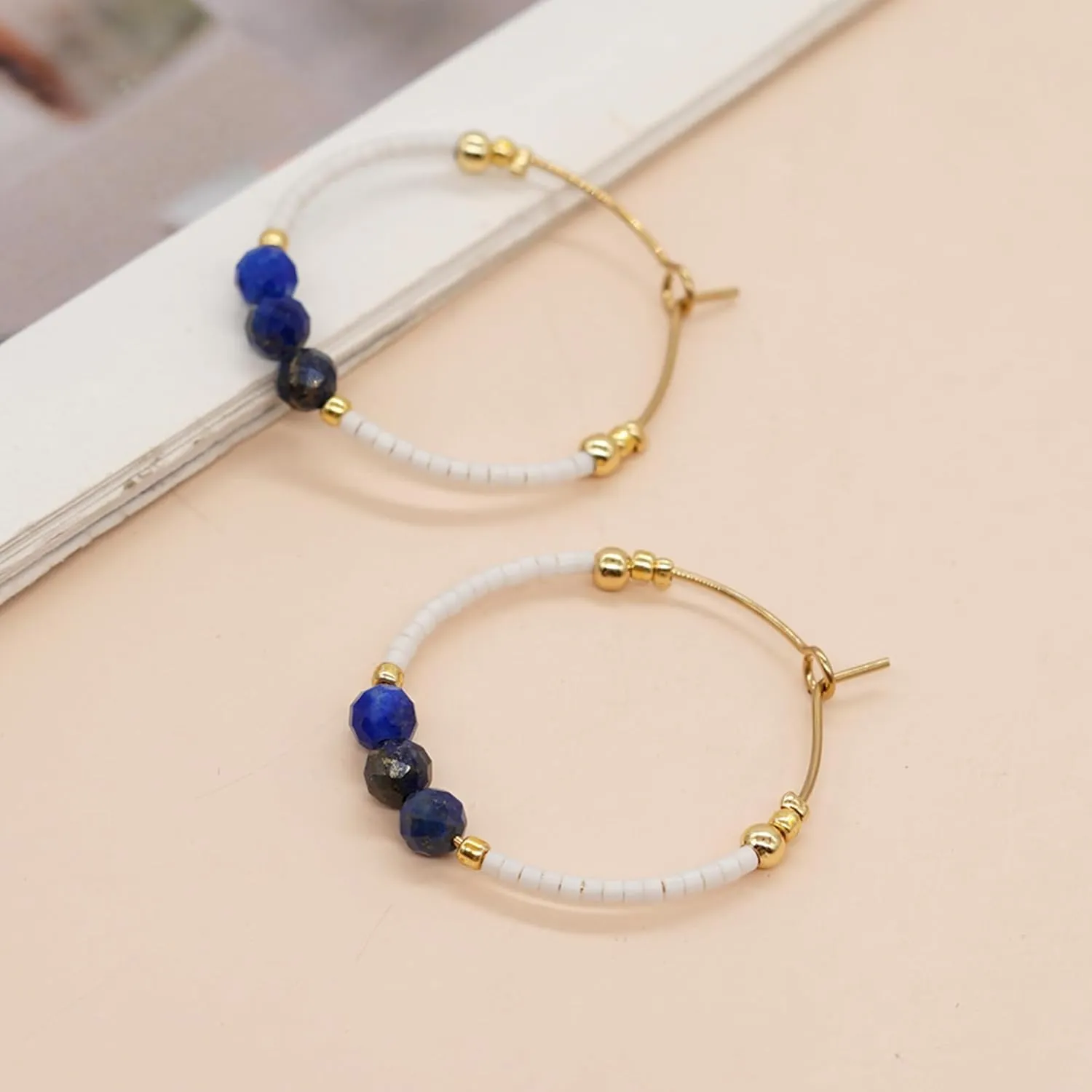 Sonateomber Gold Gemstone Beaded Hoop Earrings for Women, Boho Handmade Seed Beads Huggie Cartilage Hypoallergenic Prom Jewelry Gift