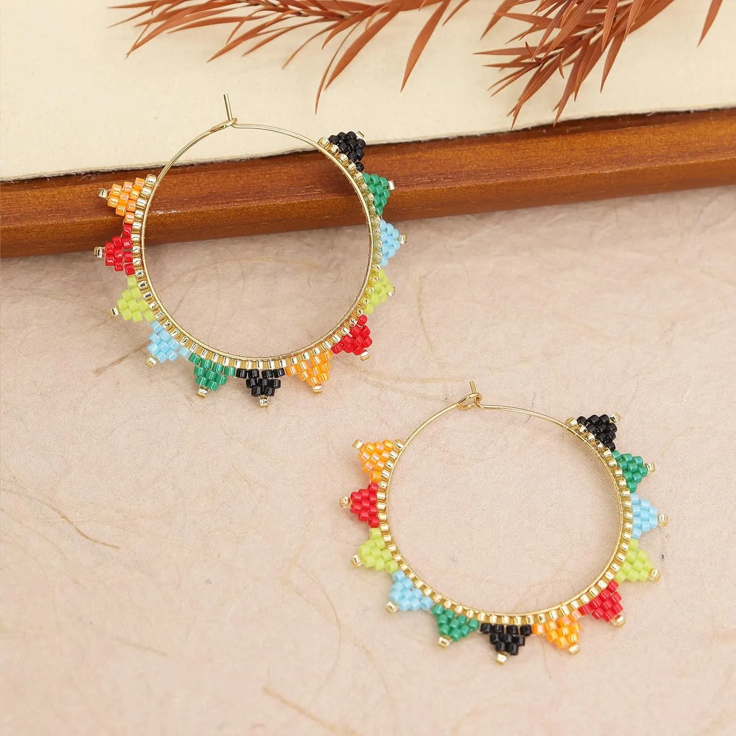 Sonateomber Handmade Boho Beaded Large Gold Huggie Hoop Earrings for Women, Statement Colorful Beads Hypoallergenic Prom Beach Holiday Jewelry Gift