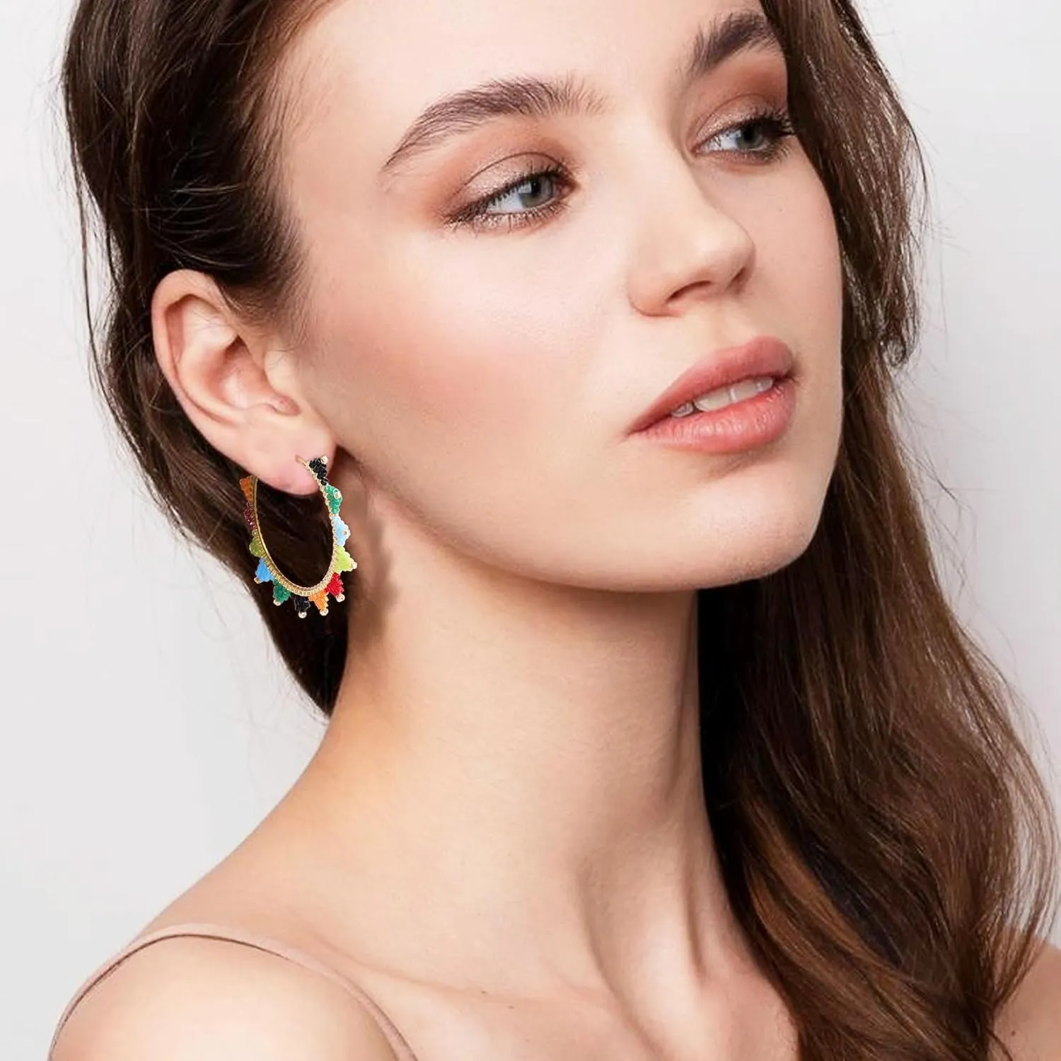Sonateomber Handmade Boho Beaded Large Gold Huggie Hoop Earrings for Women, Statement Colorful Beads Hypoallergenic Prom Beach Holiday Jewelry Gift