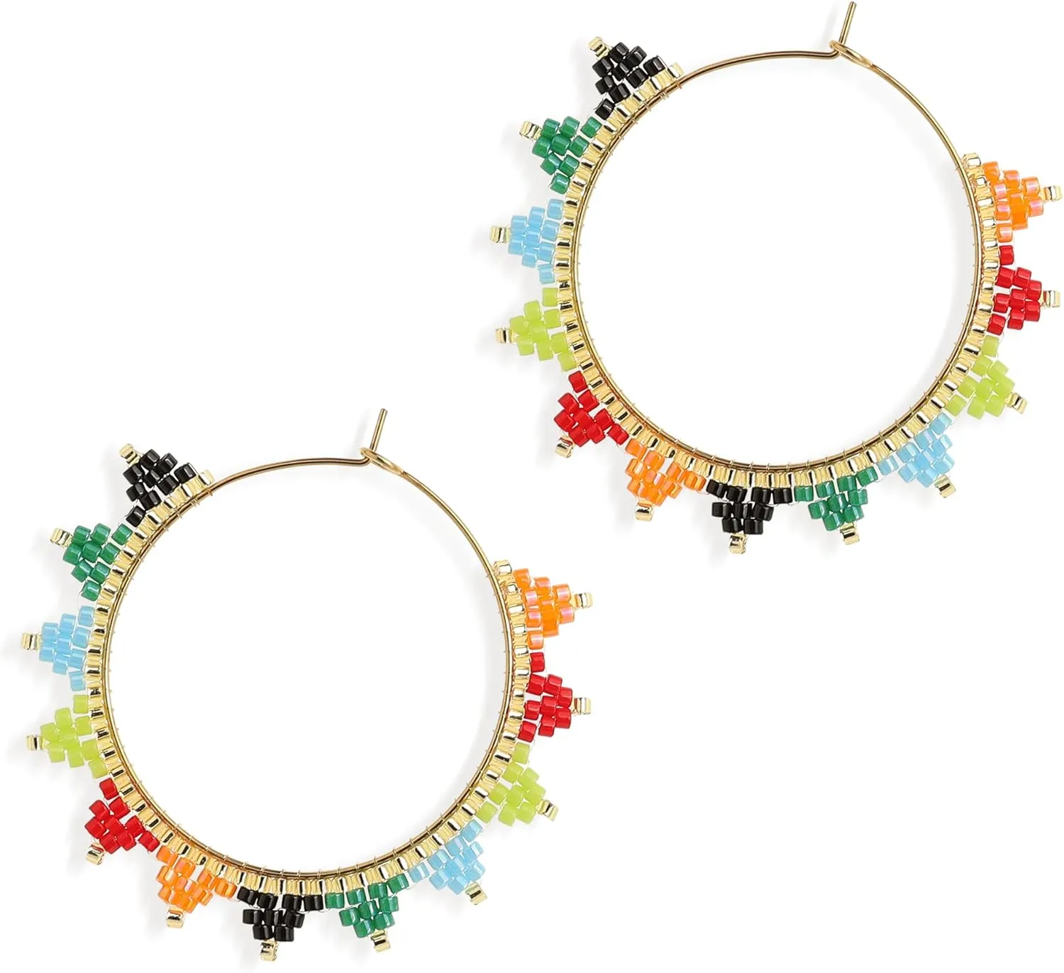 Sonateomber Handmade Boho Beaded Large Gold Huggie Hoop Earrings for Women, Statement Colorful Beads Hypoallergenic Prom Beach Holiday Jewelry Gift