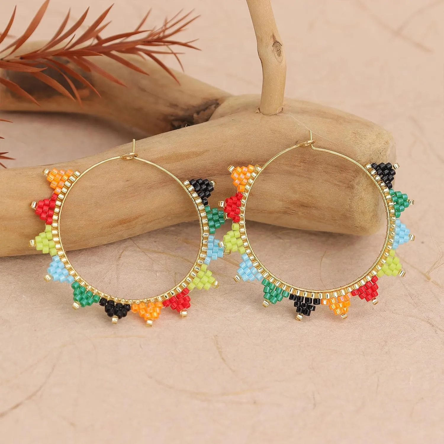 Sonateomber Handmade Boho Beaded Large Gold Huggie Hoop Earrings for Women, Statement Colorful Beads Hypoallergenic Prom Beach Holiday Jewelry Gift