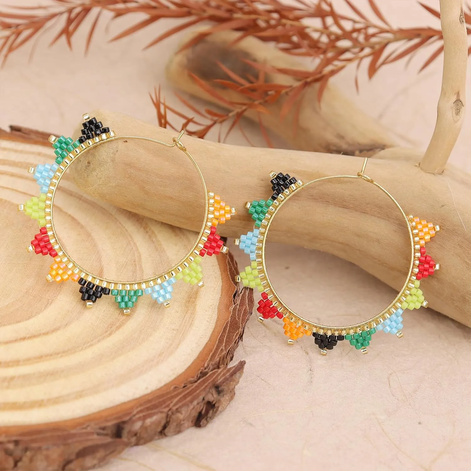 Sonateomber Handmade Boho Beaded Large Gold Huggie Hoop Earrings for Women, Statement Colorful Beads Hypoallergenic Prom Beach Holiday Jewelry Gift