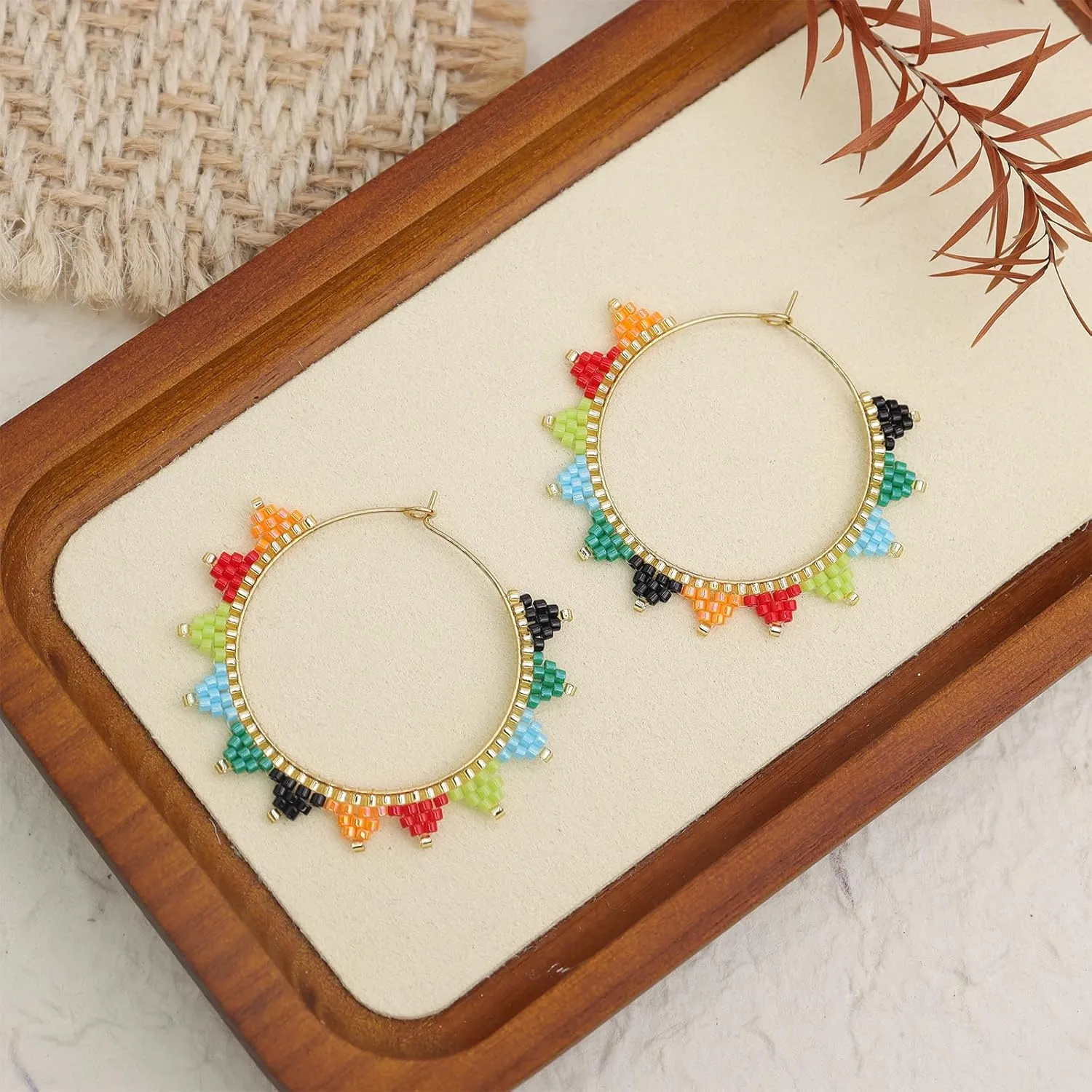Sonateomber Handmade Boho Beaded Large Gold Huggie Hoop Earrings for Women, Statement Colorful Beads Hypoallergenic Prom Beach Holiday Jewelry Gift