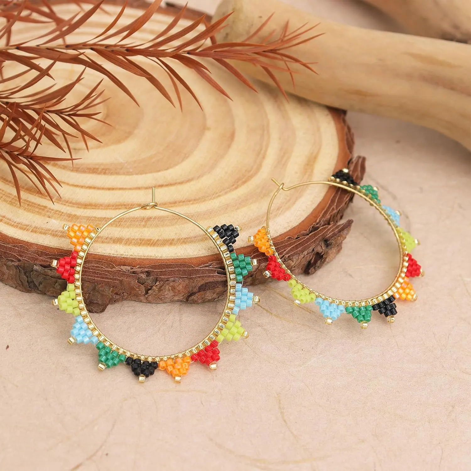 Sonateomber Handmade Boho Beaded Large Gold Huggie Hoop Earrings for Women, Statement Colorful Beads Hypoallergenic Prom Beach Holiday Jewelry Gift