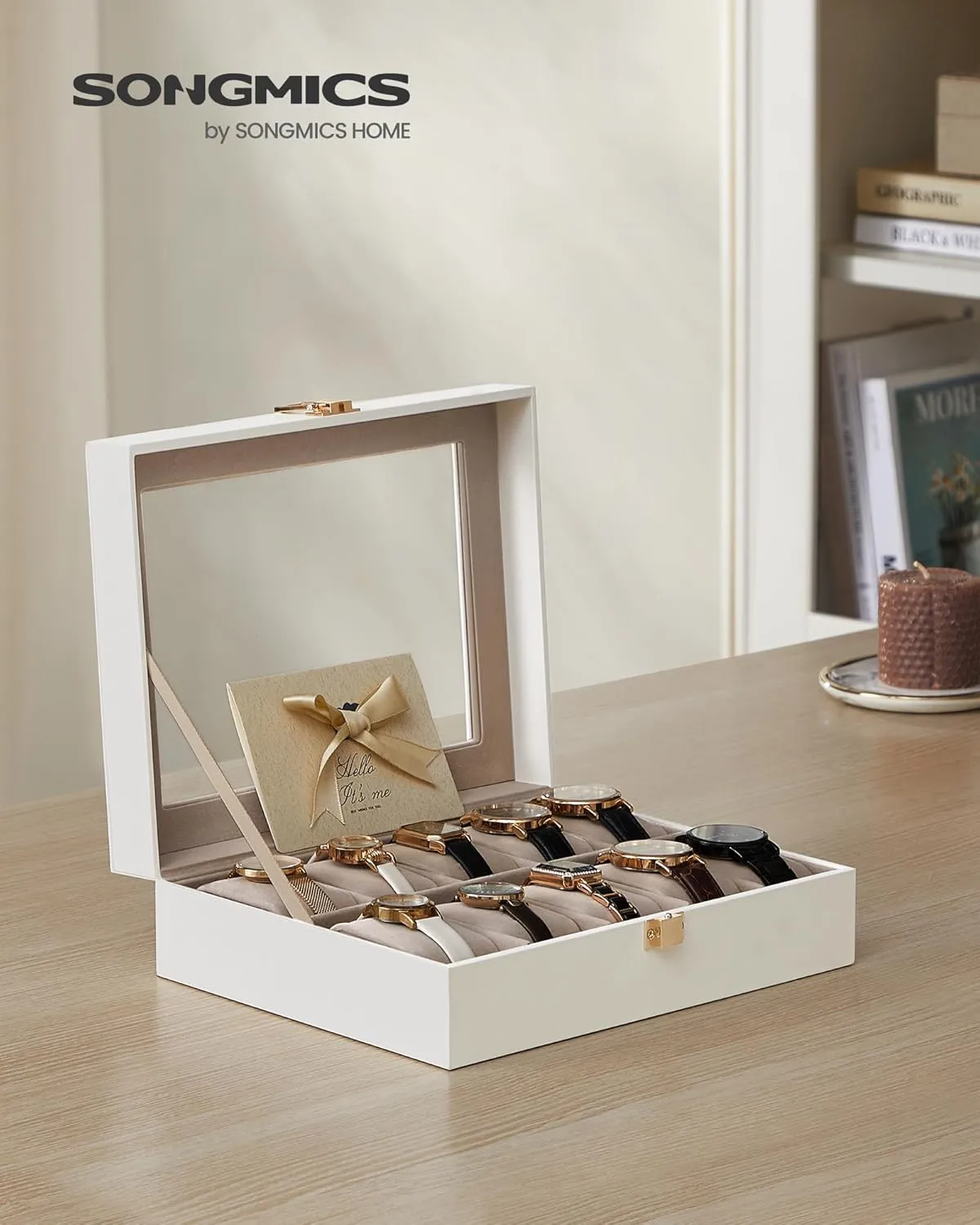 SONGMICS Watch Box, 10-Slot Watch Case with Large Glass Lid, Removable Watch Pillows, Watch Box Organizer, Gift for Loved Ones, Cloud White Synthetic Leather, Cappuccino Beige Lining UJWB010W01