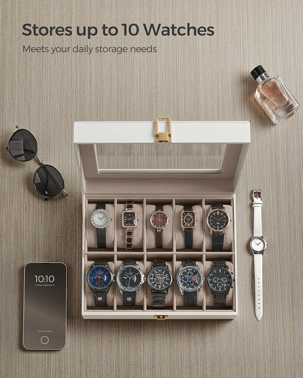 SONGMICS Watch Box, 10-Slot Watch Case with Large Glass Lid, Removable Watch Pillows, Watch Box Organizer, Gift for Loved Ones, Cloud White Synthetic Leather, Cappuccino Beige Lining UJWB010W01