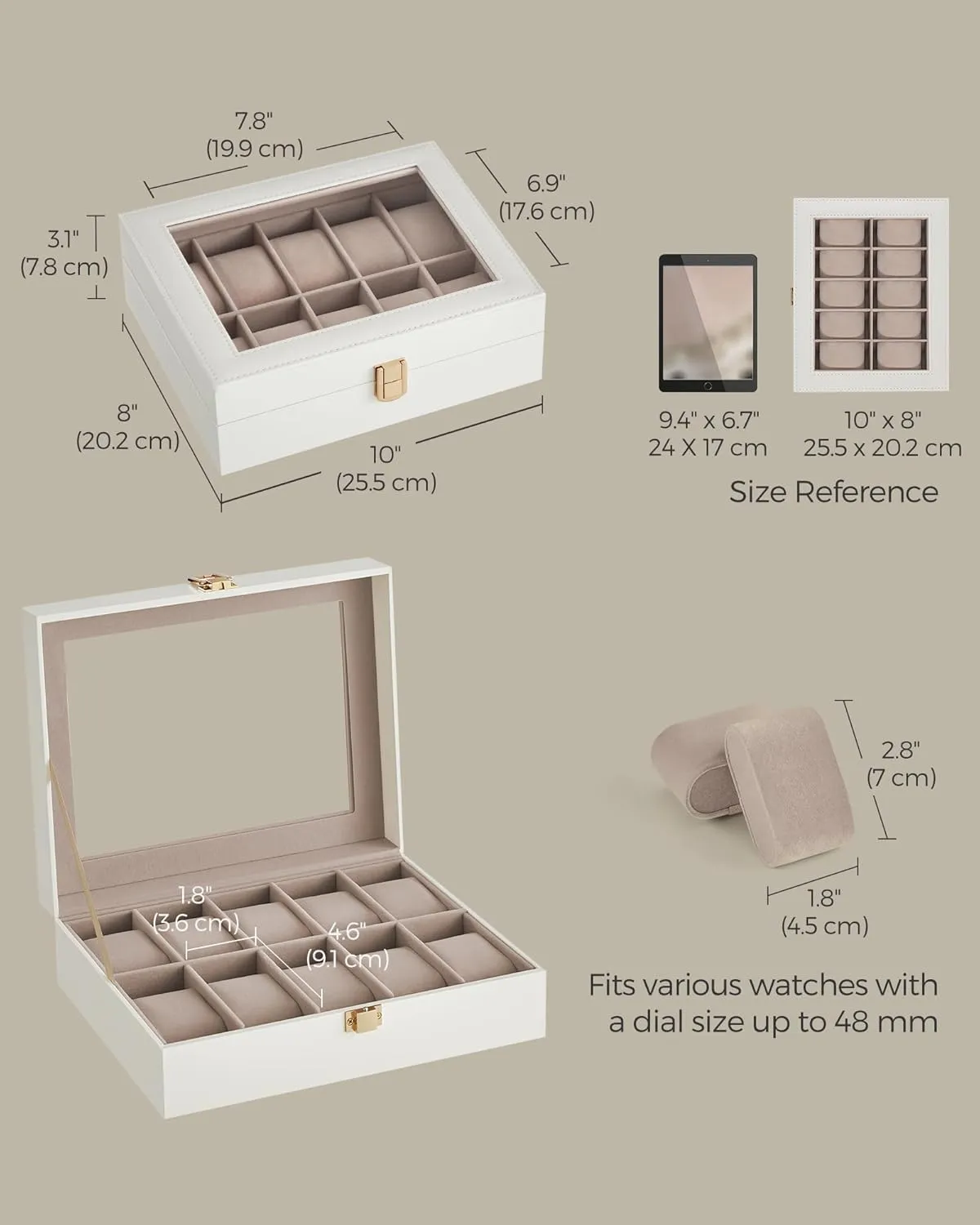 SONGMICS Watch Box, 10-Slot Watch Case with Large Glass Lid, Removable Watch Pillows, Watch Box Organizer, Gift for Loved Ones, Cloud White Synthetic Leather, Cappuccino Beige Lining UJWB010W01