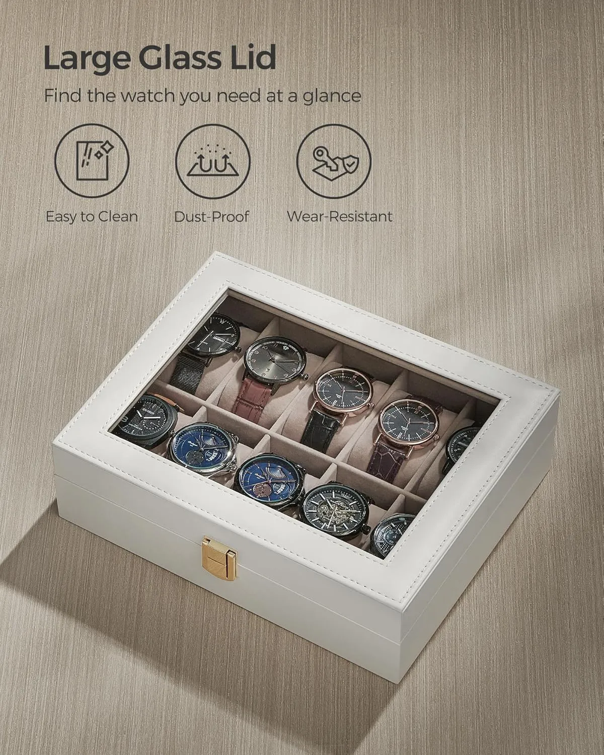 SONGMICS Watch Box, 10-Slot Watch Case with Large Glass Lid, Removable Watch Pillows, Watch Box Organizer, Gift for Loved Ones, Cloud White Synthetic Leather, Cappuccino Beige Lining UJWB010W01
