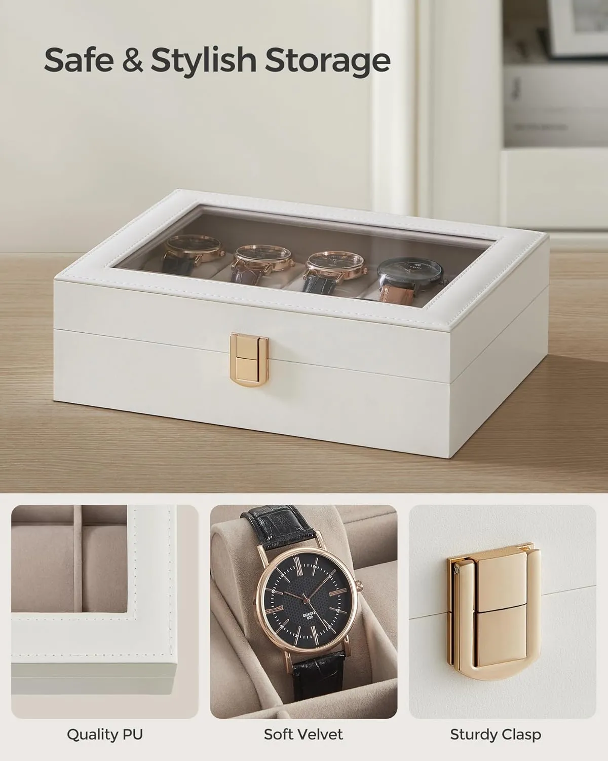 SONGMICS Watch Box, 10-Slot Watch Case with Large Glass Lid, Removable Watch Pillows, Watch Box Organizer, Gift for Loved Ones, Cloud White Synthetic Leather, Cappuccino Beige Lining UJWB010W01