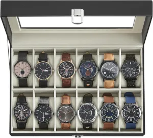 SONGMICS Watch Box, 12-Slot Watch Case with Large Glass Lid, Removable Watch Pillows, Watch Box Organizer, Gift for Loved Ones, Black Synthetic Leather, Greenish Beige Lining UJWB12BE